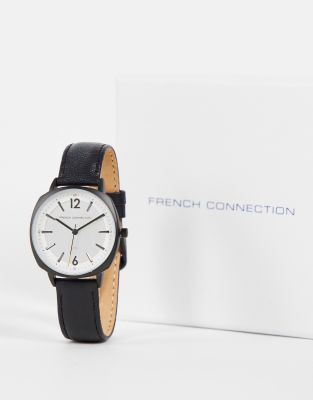 French Connection - Orologio con cinturino in pelle e quadrante grande, colore nero