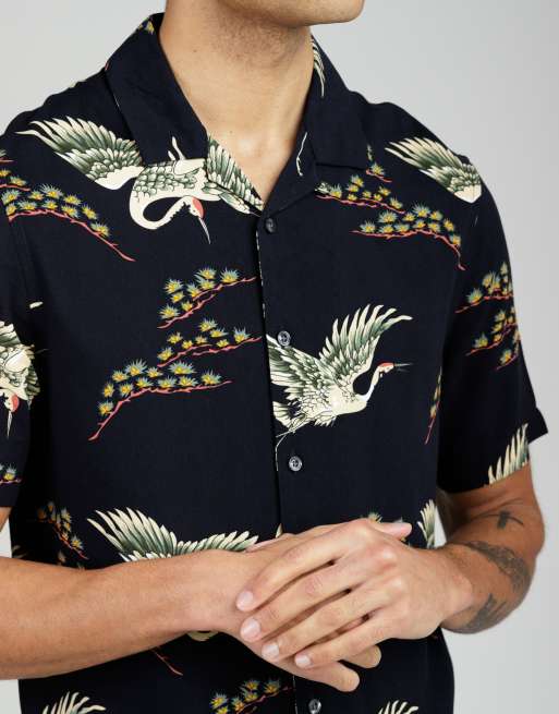 French Connection - Overhemd met korte mouwen, reverskraag en vogelprint in marineblauw, 4 van 4