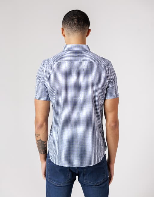 French Connection - Overhemd van katoen met korte mouwen, gingham ruit en borstzak in blauw, 4 van 4