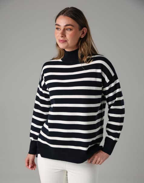 French Connection Oversized high neck cosy striped long sleeve jumper in navy - view 1