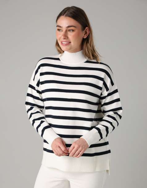 French Connection Oversized high neck cosy striped long sleeve jumper in white