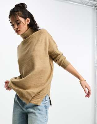 French Connection oversized roll neck jumper with ribbed arm detail in camel