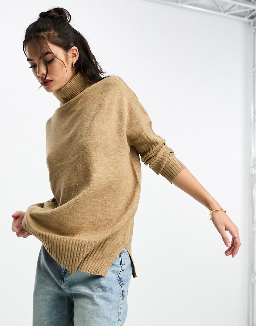 French Connection oversized roll neck jumper with ribbed arm detail in camel-Neutral