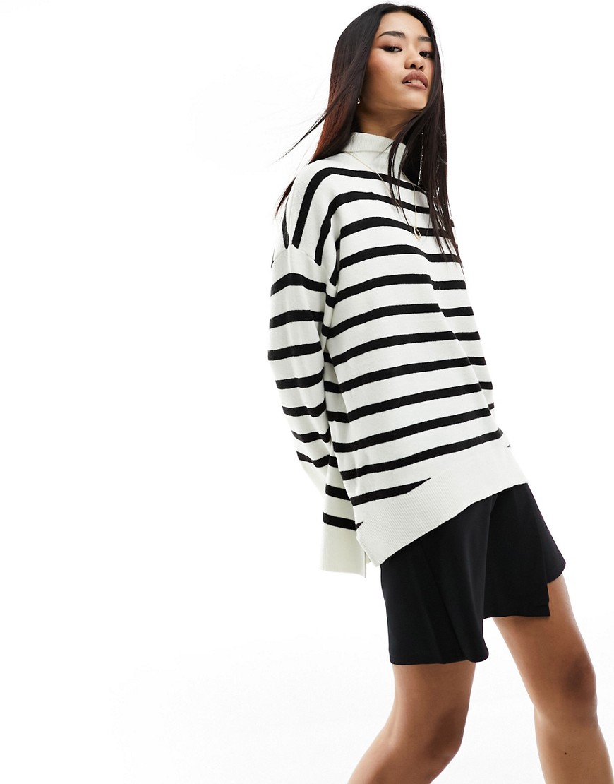 French Connection oversized striped funnel neck jumper in black and white-Multi
