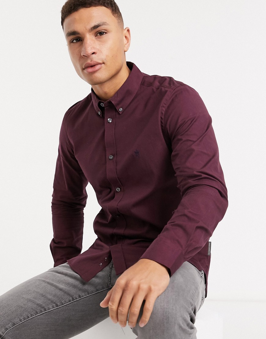 French Connection oxford button down logo shirt in burgundy-Red