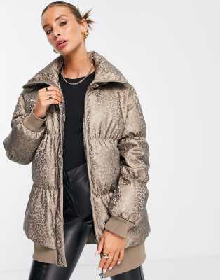 French Connection padded coat in gold leopard print