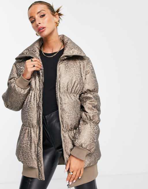 French Connection padded coat in gold leopard print