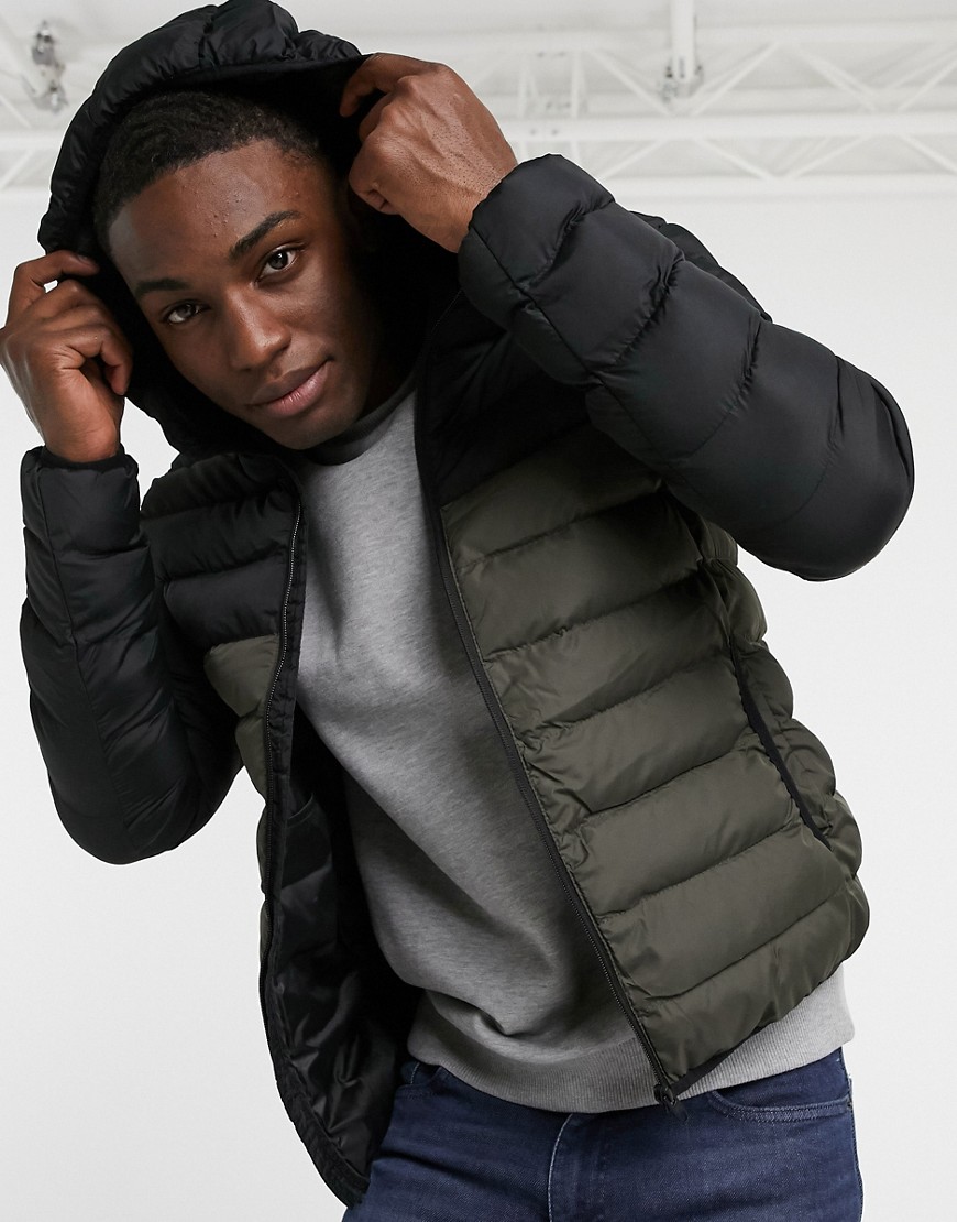 French Connection padded contrast hooded jacket in khaki black