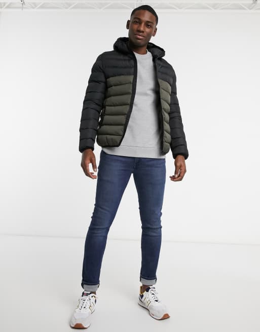 French Connection padded contrast hooded jacket in khaki black ASOS