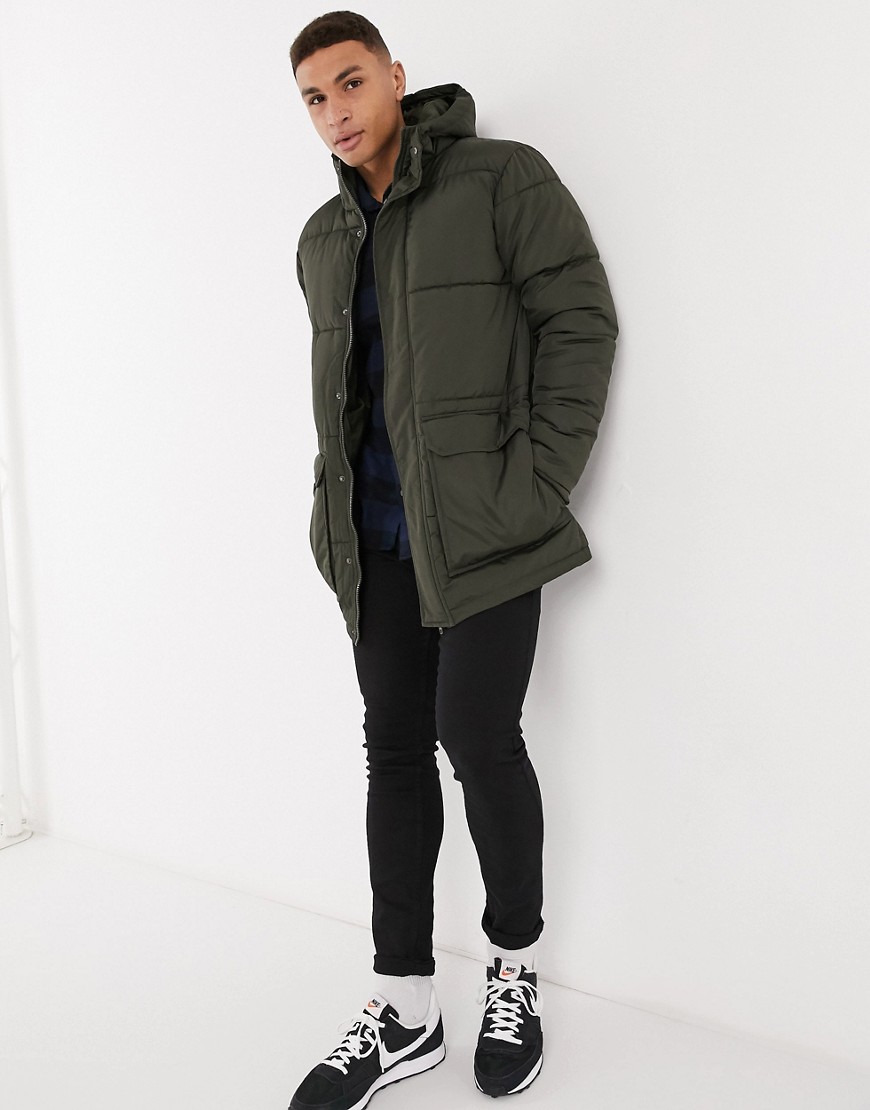French Connection padded hooded parka coat in khaki-Green