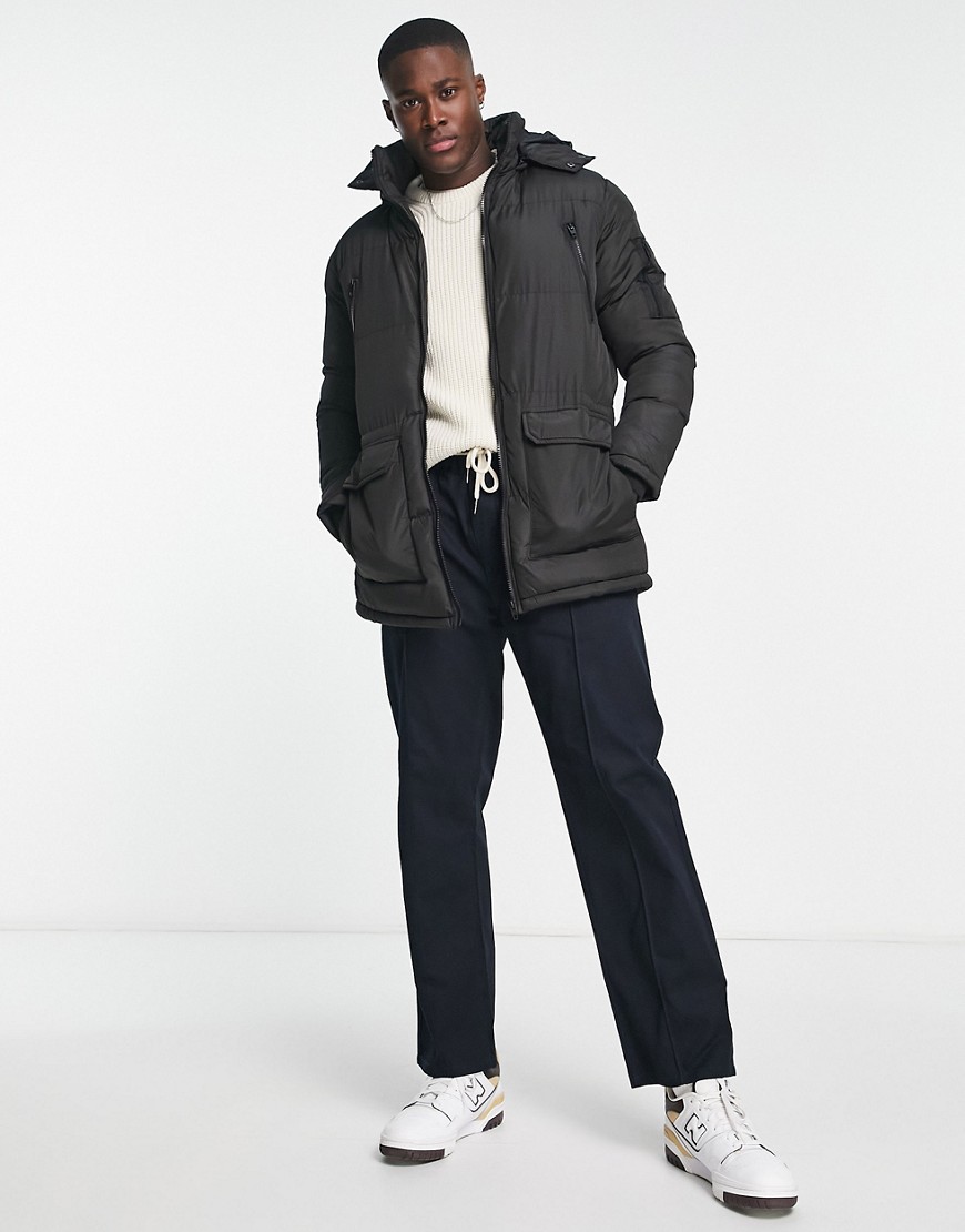 French Connection padded parka jacket with detachable hood in black