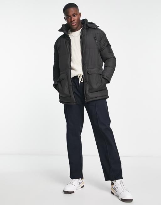 French Connection padded parka jacket with detachable hood in black | ASOS