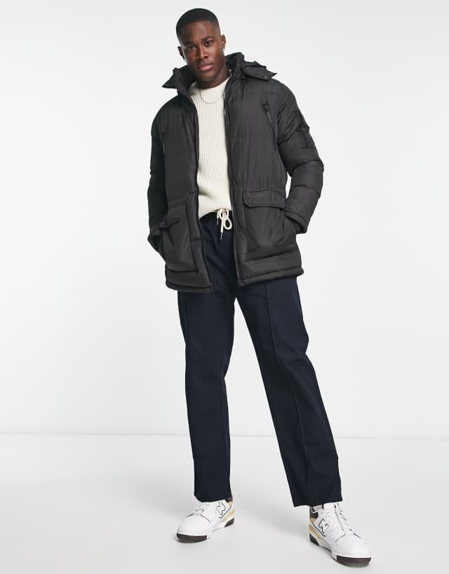 French Connection padded parka jacket with detachable hood in black