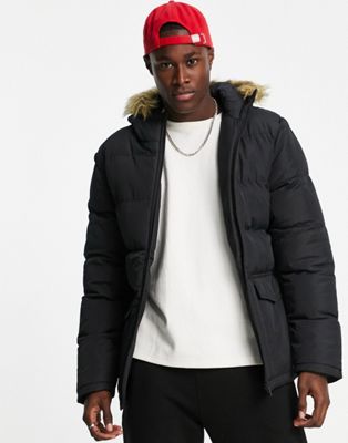 French Connection padded parka jacket with faux fur hood in black