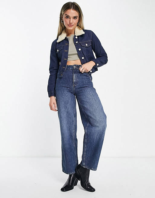 French Connection Palmira cropped denim jacket with detachable wool collar in indigo denim