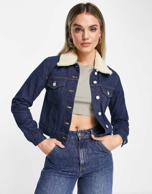 French Connection Palmira cropped denim jacket with detachable wool collar in indigo denim ASOS