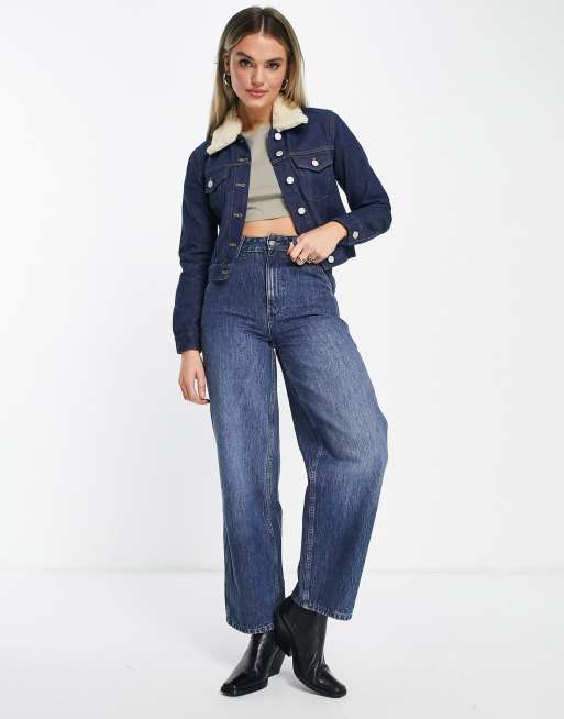 French Connection - Palmira - Cropped denimjakke i indigoblå denim med aftagelig uldkrave