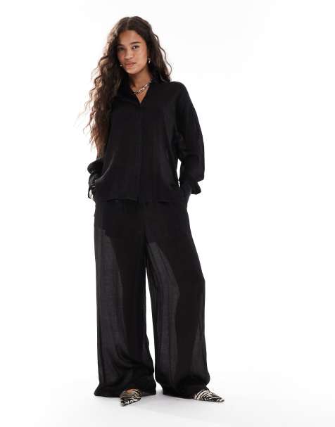 French Connection - Pantalon d'ensemble ample en satin effet froissé - Noir - view 1