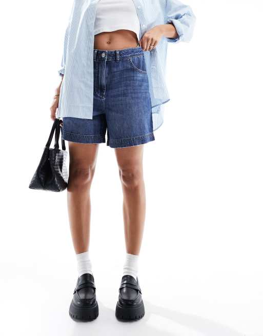 French Connection - Pantaloncini di jeans a vita alta blu