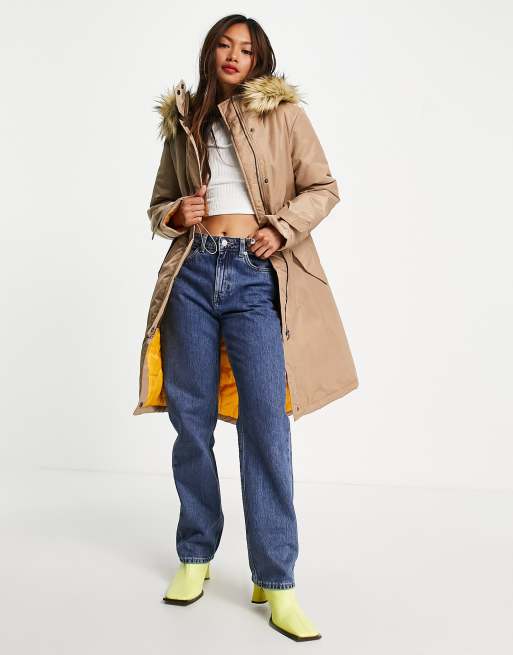 French Connection - Parka foderato in pelliccia sintetica beige e senape