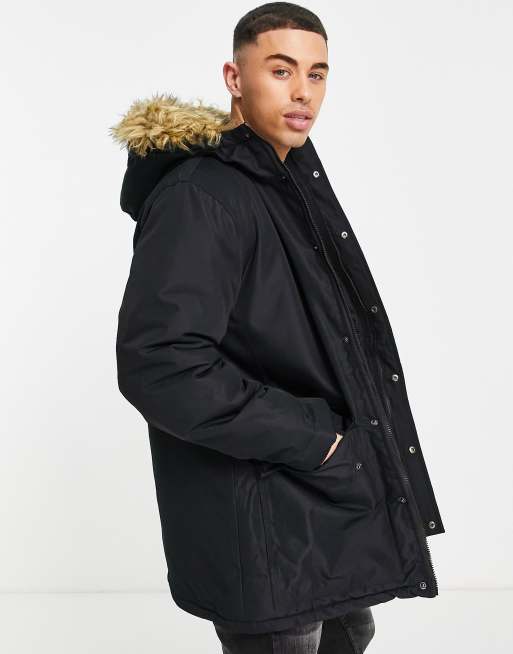French Connection– Parka in Schwarz mit Kunstpelz an der Kapuze | ASOS