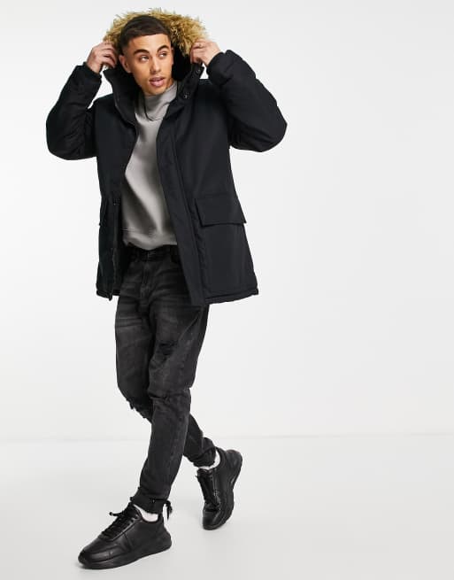 French Connection– Parka in Schwarz mit Kunstpelz an der Kapuze | ASOS