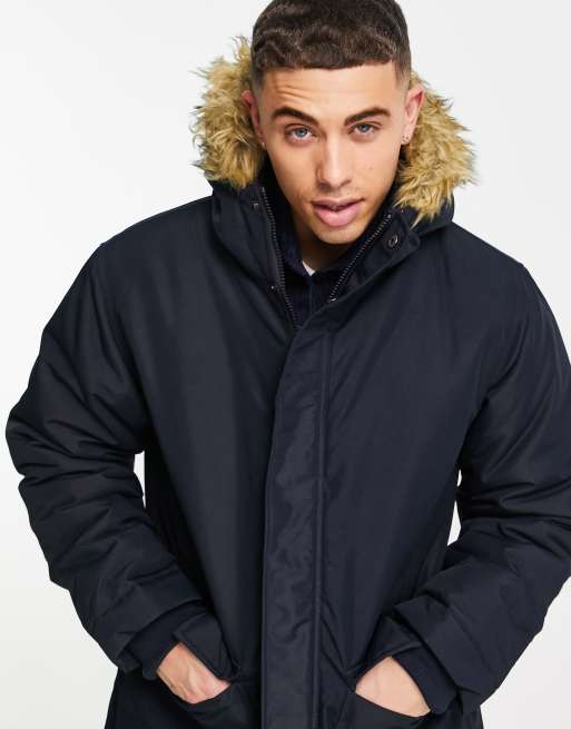 French Connection parka jacket with faux fur hood in navy ASOS