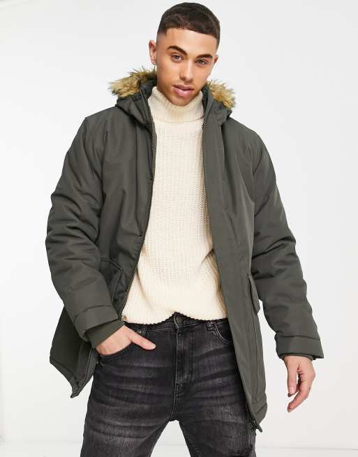 French Connection - Parka met capuchon van imitatiebont in kaki 