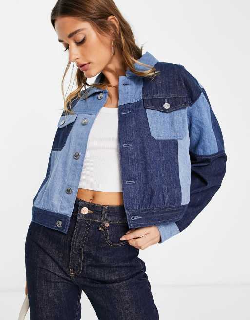 French Connection Patched Denim Cropped Jacket - Blue