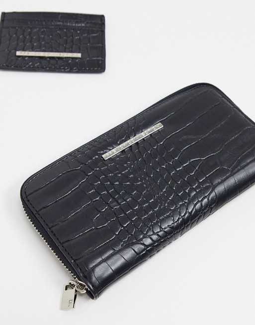 French Connection patent black croc purse and cardholder gift set