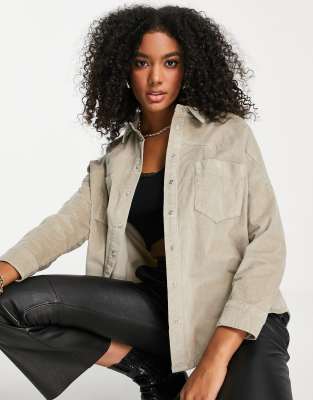 French Connection Paula micro cord shacket in truffle - ASOS Price Checker