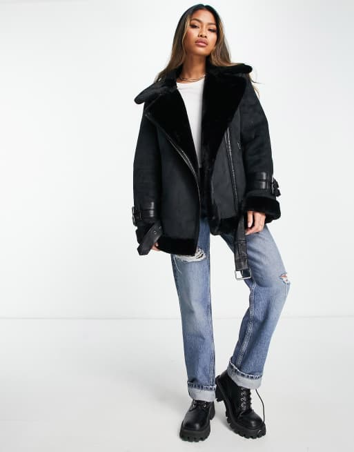 French Connection – Piloten-Jacke in Schwarz mit Lammfellimitat