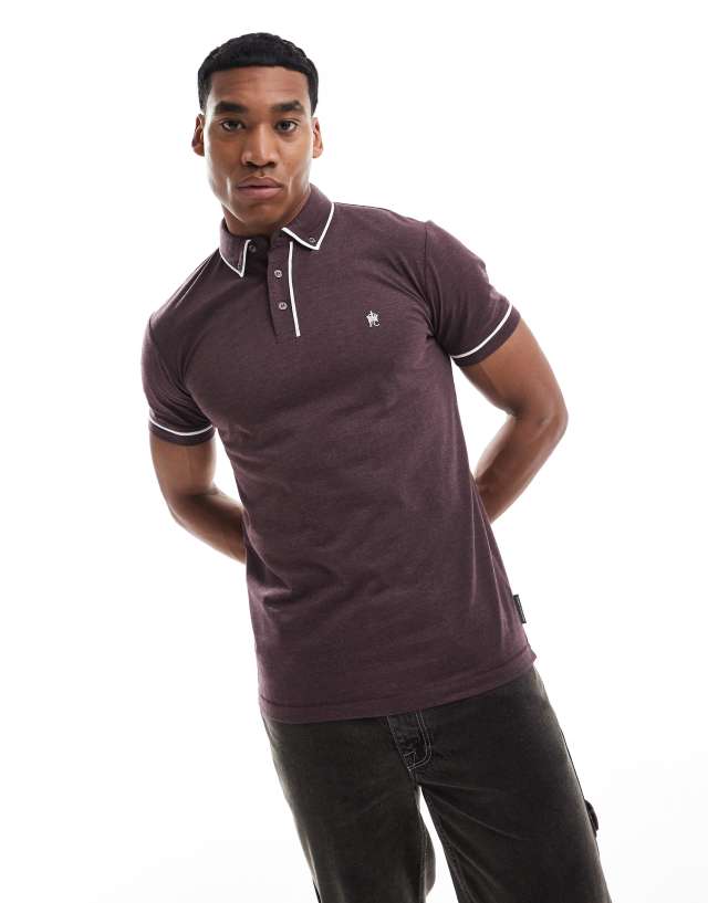 French Connection Mens - French Connection piping polo in burgundy melange