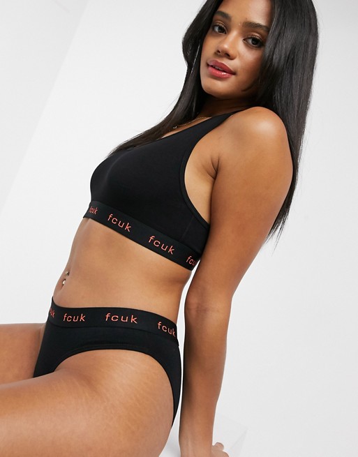 French Connection plain FCUK crop top and brief set in black