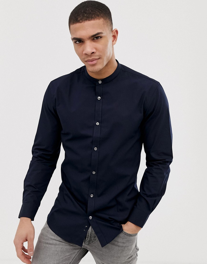 French Connection plain grandad collar slim fit shirt-Navy