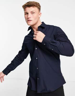 French Connection French Connection plain poplin slim fit shirt-Navy