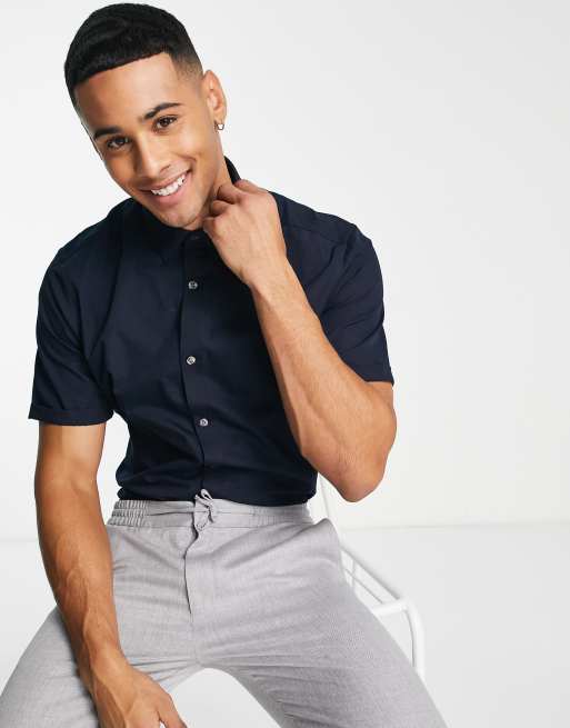 French Connection plain stretch short sleeve shirt in navy