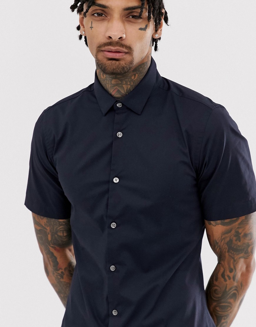 French Connection plain stretch short sleeve shirt-Navy