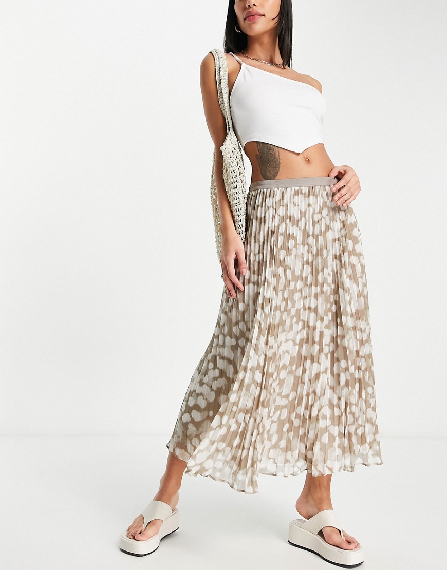 French Connection pleated midi skirt in animal print-Neutral