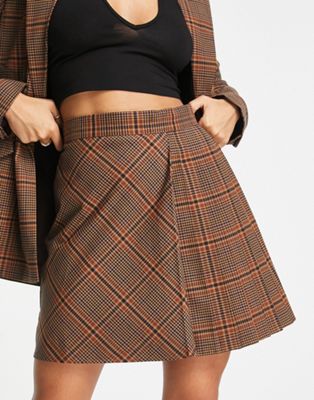 French Connection pleated mini skirt in brown check co-ord