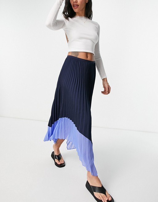 French Connection pleated skirt in black with blue contrast hem