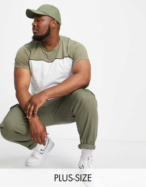 French Connection Plus colour block piping t-shirt in white light khaki