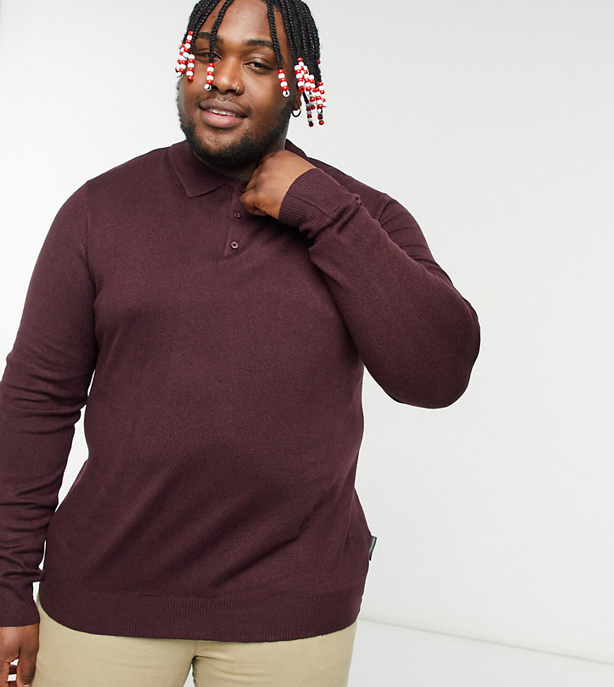 French Connection Plus long sleeve polo in burgundy-Red