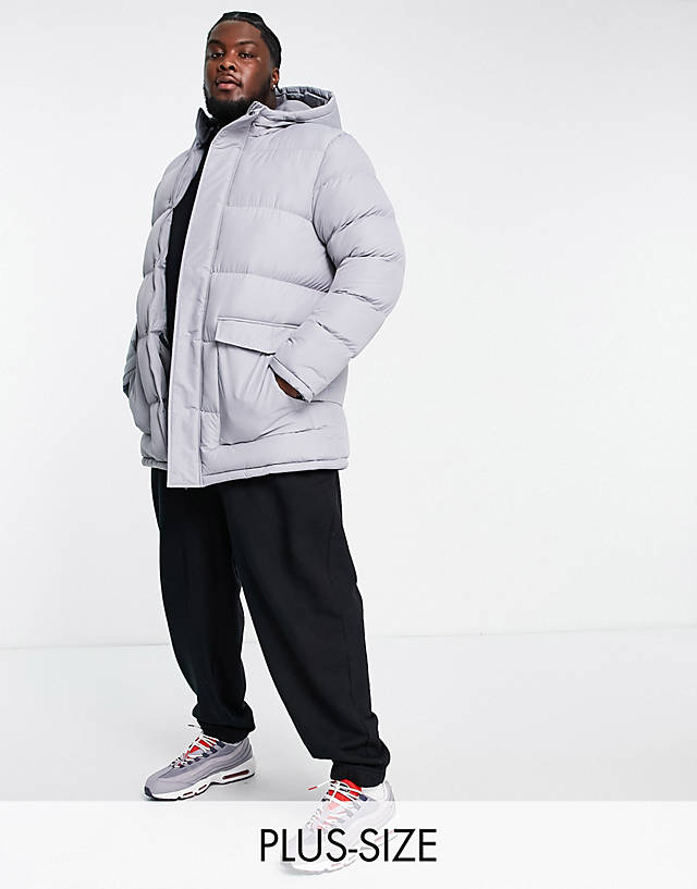 French Connection - plus longline padded parka with hood in light grey