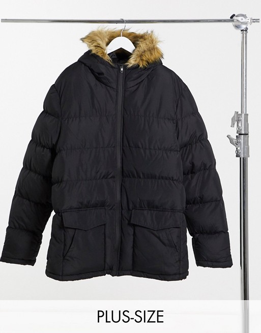 French Connection Plus padded hooded faux fur parka coat in black