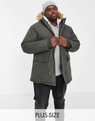 French Connection Plus parka coat with faux fur hood in khaki - ASOS Price Checker