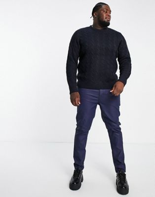 French Connection Plus wool mix cable crew neck jumper in navy