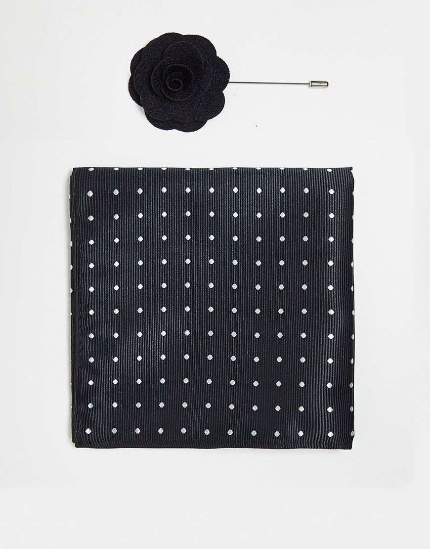 pocket square and lapel pin in black polka dot