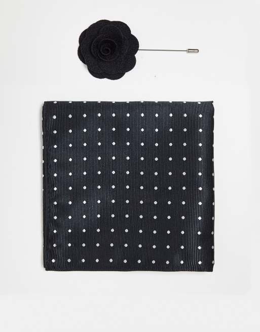 French Connection pocket square and lapel pin in black polka dot