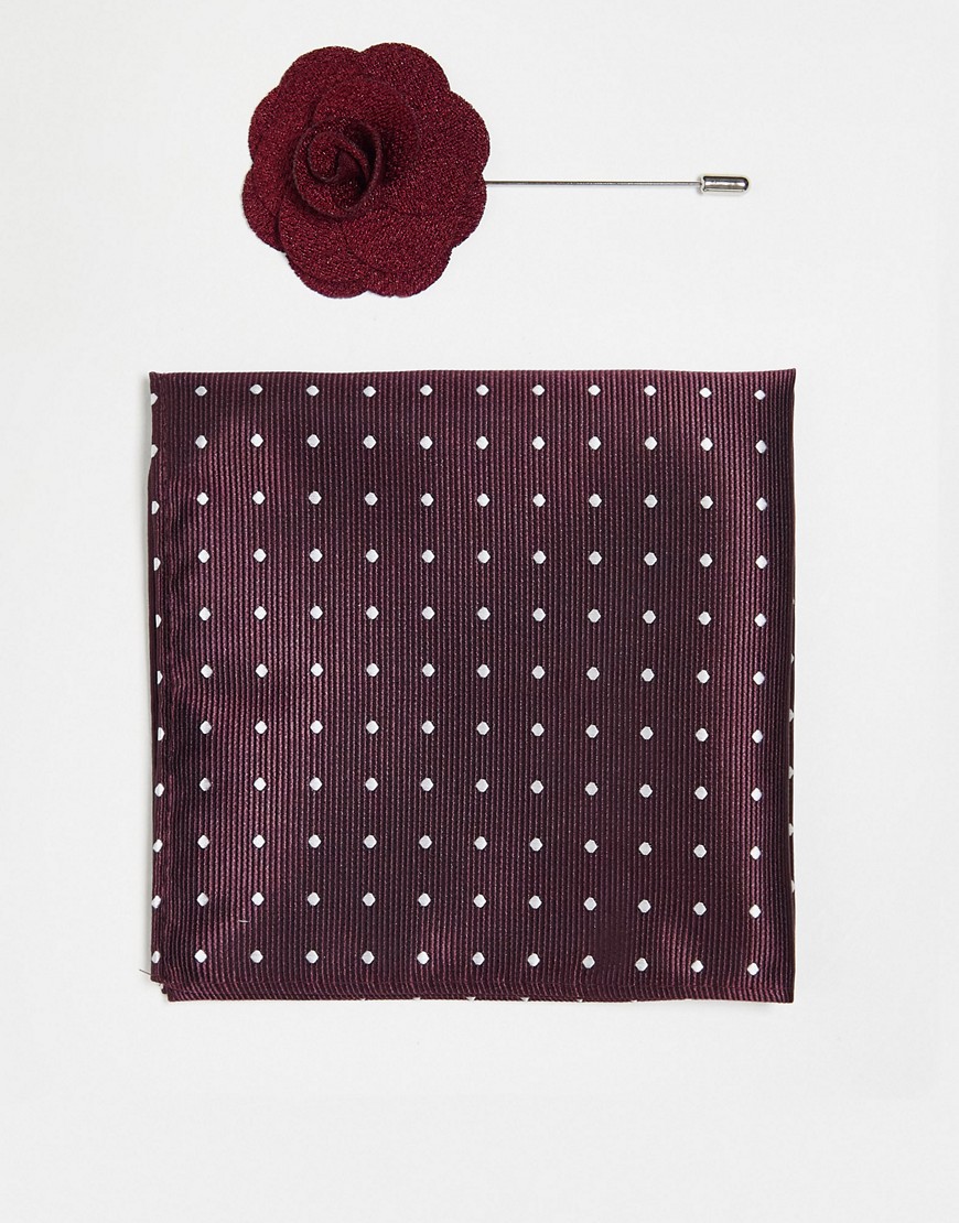 pocket square and lapel pin in burgundy polka dot-Red
